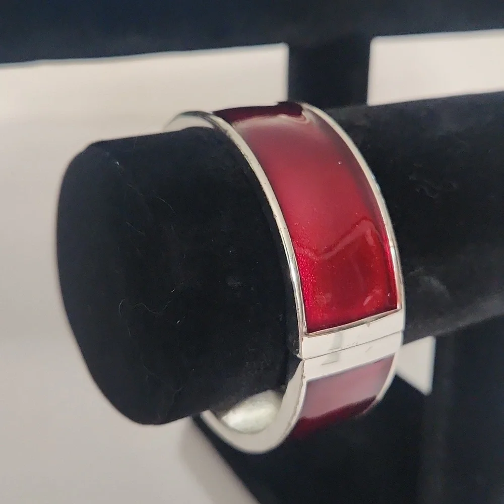 Silver & Deep Red Merlot Enamel Hinge Bangle Bracelet – Modern Statement Cuff - Picture 3 of 8